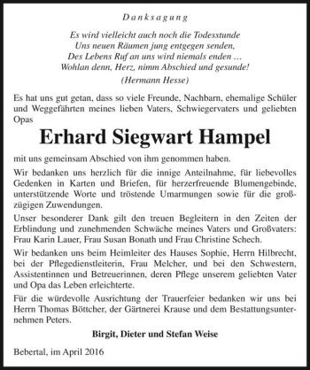 Traueranzeige von Erhard Siegwart Hampel  von Magdeburger Volksstimme