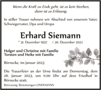 Traueranzeige von Erhard Siemann  von Magdeburger Volksstimme