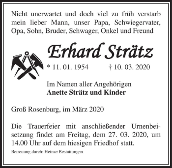 Traueranzeige von Erhard Strätz  von Magdeburger Volksstimme