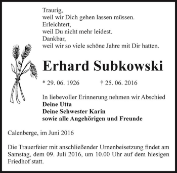 Traueranzeige von Erhard Subkowski  von Magdeburger Volksstimme