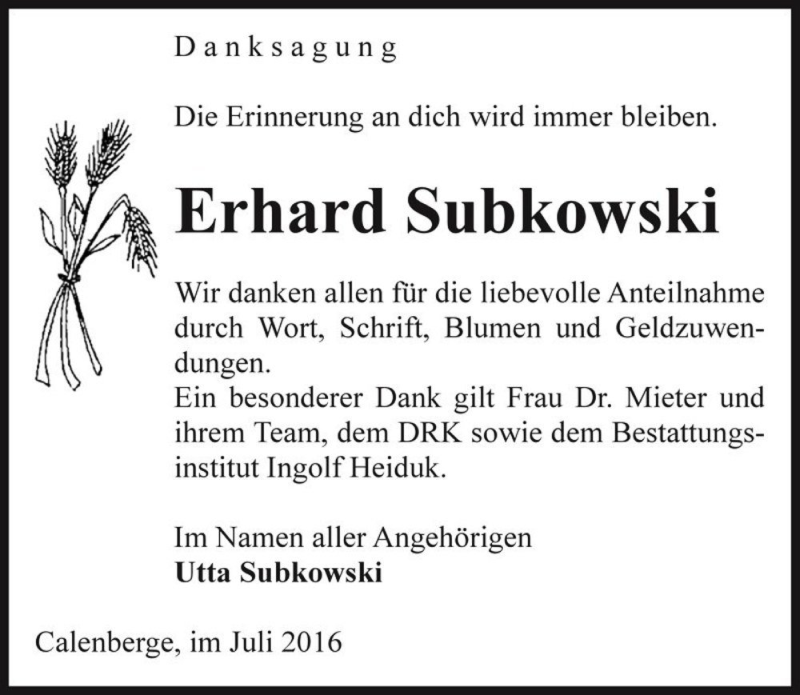  Traueranzeige für Erhard Subkowski  vom 16.07.2016 aus Magdeburger Volksstimme
