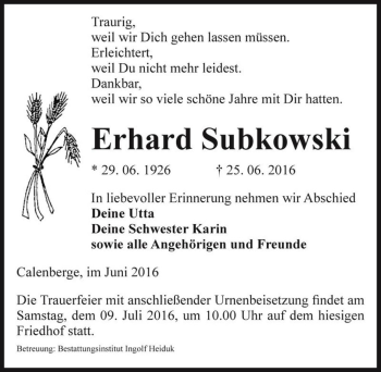 Traueranzeige von Erhard Subkowski  von Magdeburger Volksstimme