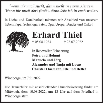 Traueranzeige von Erhard Thiel  von Magdeburger Volksstimme