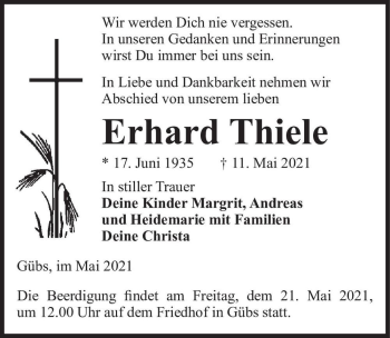 Traueranzeige von Erhard Thiele  von Magdeburger Volksstimme