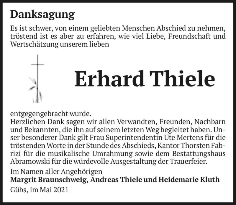  Traueranzeige für Erhard Thiele  vom 29.05.2021 aus Magdeburger Volksstimme