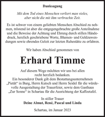 Traueranzeige von Erhard Timme  von Magdeburger Volksstimme