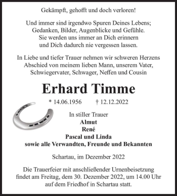 Traueranzeige von Erhard Timme  von Magdeburger Volksstimme