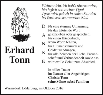Traueranzeige von Erhard Tonn  von Magdeburger Volksstimme
