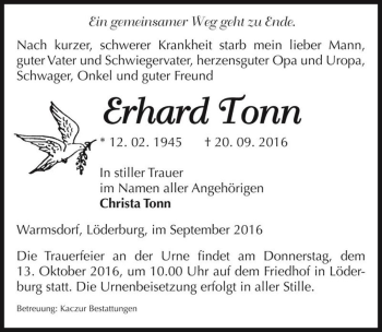 Traueranzeige von Erhard Tonn  von Magdeburger Volksstimme