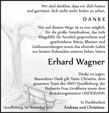 Traueranzeige von Erhard Wagner  von Magdeburger Volksstimme