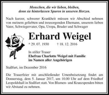 Traueranzeige von Erhard Weigel  von Magdeburger Volksstimme