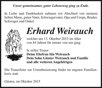 Traueranzeige von Erhard Weirauch  von Magdeburger Volksstimme