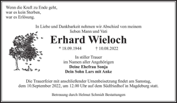 Traueranzeige von Erhard Wieloch  von Magdeburger Volksstimme