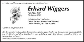 Traueranzeige von Erhard Wiggers  von Magdeburger Volksstimme