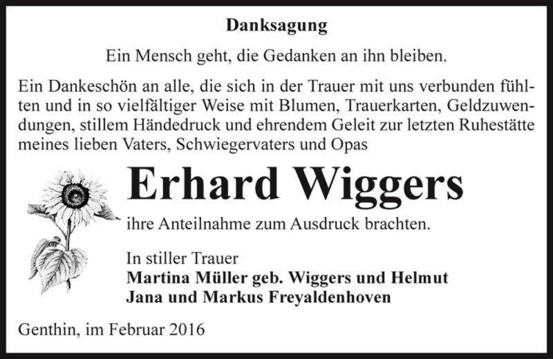  Traueranzeige für Erhard Wiggers  vom 12.02.2016 aus Magdeburger Volksstimme