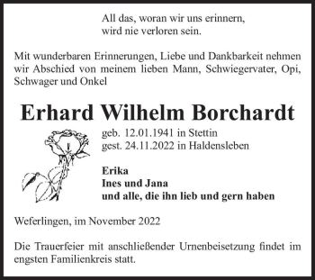 Traueranzeige von Erhard Wilhelm Borchardt  von Magdeburger Volksstimme