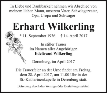 Traueranzeige von Erhard Wilkerling  von Magdeburger Volksstimme