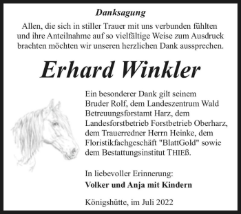 Traueranzeige von Erhard Winkler  von Magdeburger Volksstimme