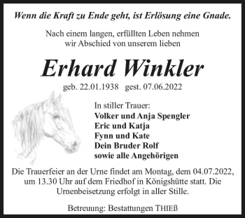 Traueranzeige von Erhard Winkler  von Magdeburger Volksstimme
