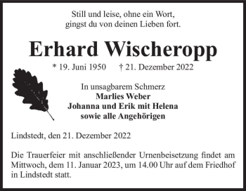 Traueranzeige von Erhard Wischeropp  von Magdeburger Volksstimme