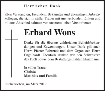 Traueranzeige von Erhard Wons  von Magdeburger Volksstimme