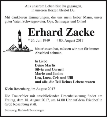 Traueranzeige von Erhard Zacke  von Magdeburger Volksstimme