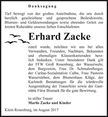Traueranzeige von Erhard Zacke  von Magdeburger Volksstimme
