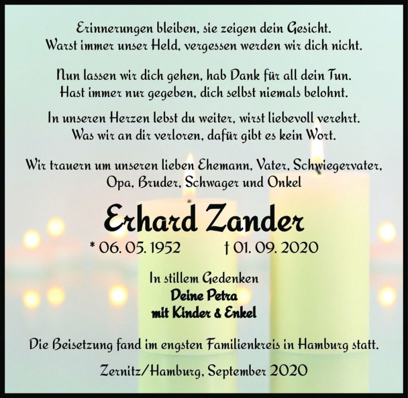  Traueranzeige für Erhard Zander  vom 19.09.2020 aus Magdeburger Volksstimme