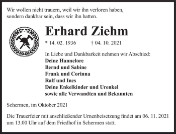 Traueranzeige von Erhard Ziehm  von Magdeburger Volksstimme