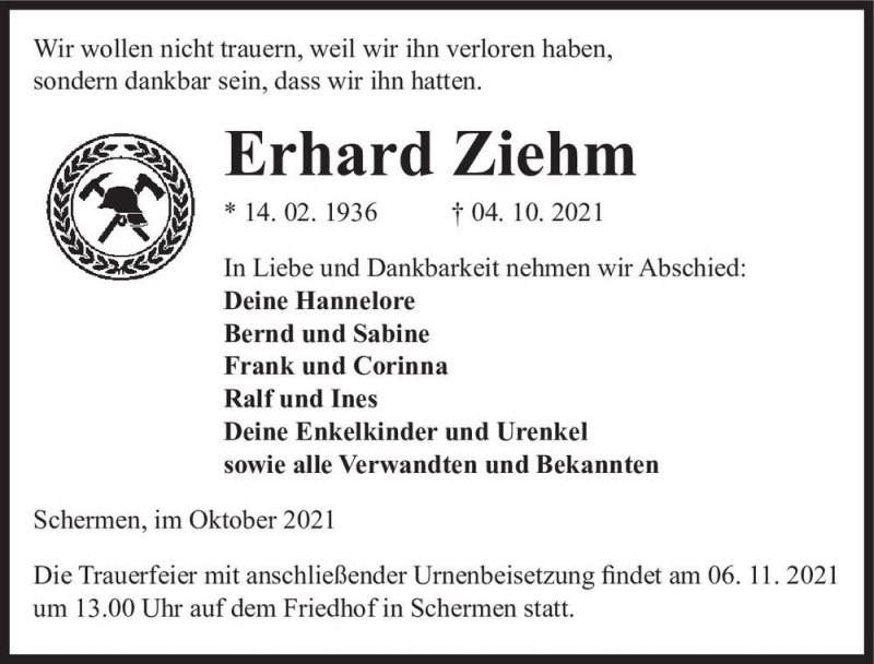 Traueranzeige für Erhard Ziehm  vom 09.10.2021 aus Magdeburger Volksstimme