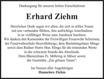 Traueranzeige von Erhard Ziehm  von Magdeburger Volksstimme
