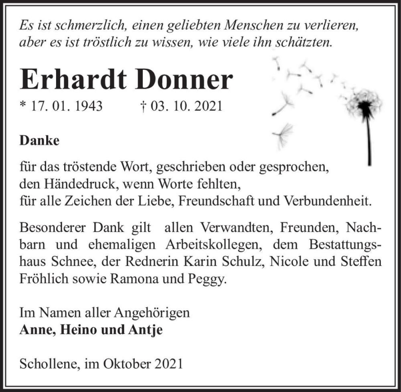  Traueranzeige für Erhardt Donner  vom 30.10.2021 aus Magdeburger Volksstimme
