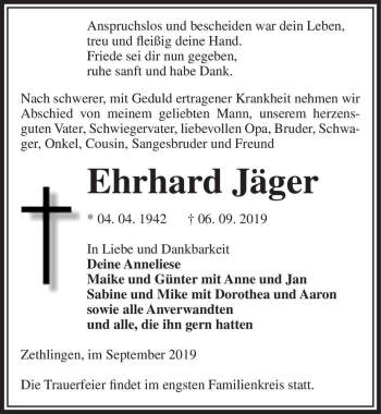 Traueranzeige von Erhardt Jäger  von Magdeburger Volksstimme