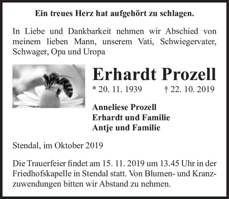  Traueranzeige für Erhardt Prozell  vom 26.10.2019 aus Magdeburger Volksstimme