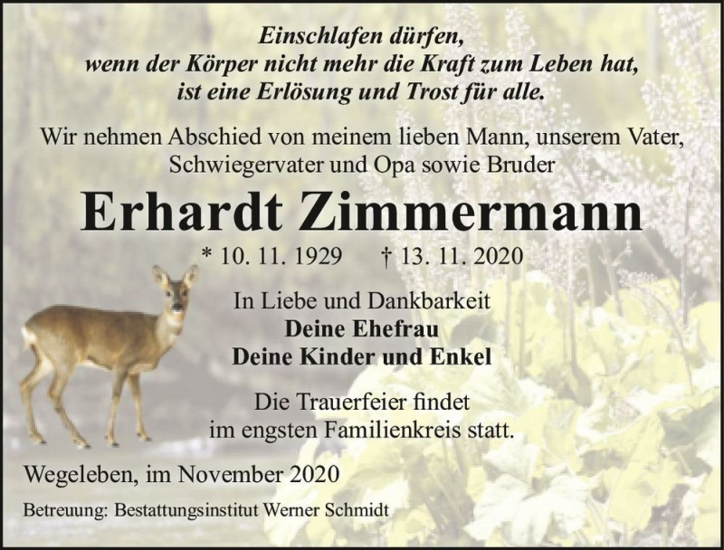  Traueranzeige für Erhardt Zimmermann  vom 20.11.2020 aus Magdeburger Volksstimme