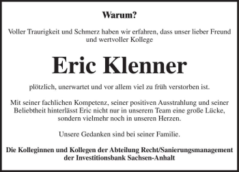Traueranzeige von Eric Klenner  von Magdeburger Volksstimme