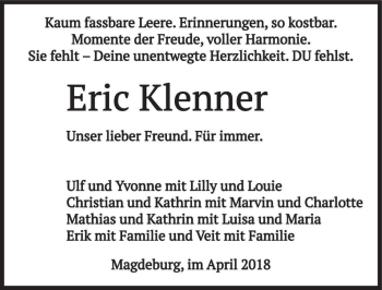 Traueranzeige von Eric Klenner  von Magdeburger Volksstimme