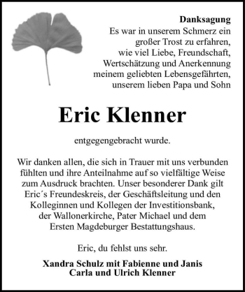 Traueranzeige von Eric Klenner  von Magdeburger Volksstimme
