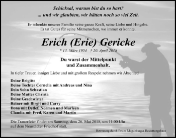 Traueranzeige von Erich (Erie) Gericke  von Magdeburger Volksstimme