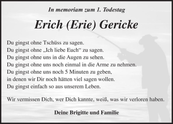 Traueranzeige von Erich (Erie) Gericke  von Magdeburger Volksstimme