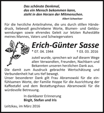 Traueranzeige von Erich-Günter Sasse  von Magdeburger Volksstimme