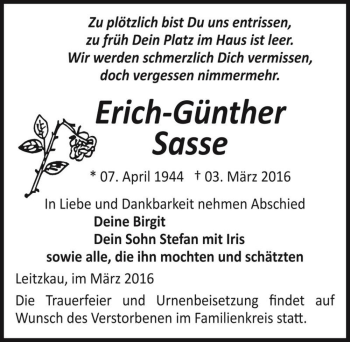 Traueranzeige von Erich-Günther Sasse  von Magdeburger Volksstimme