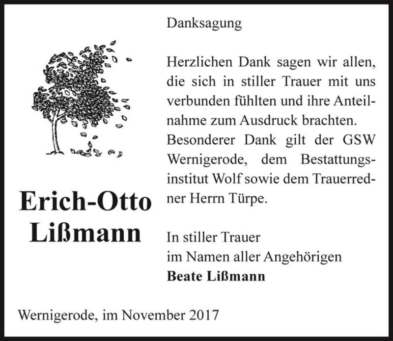  Traueranzeige für Erich-Otto Lißmann  vom 25.11.2017 aus Magdeburger Volksstimme