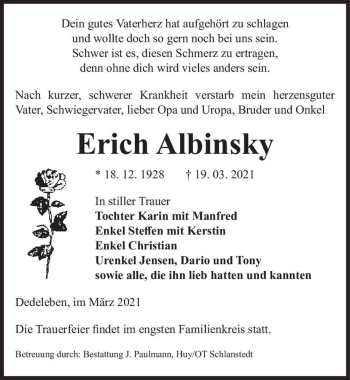 Traueranzeige von Erich Albinsky  von Magdeburger Volksstimme