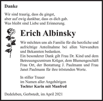 Traueranzeige von Erich Albinsky  von Magdeburger Volksstimme