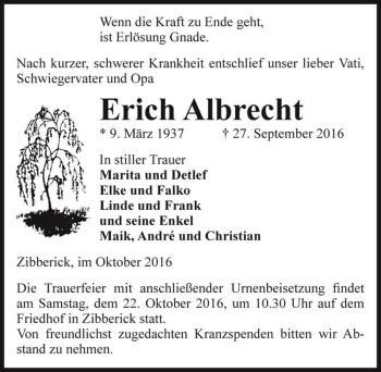 Traueranzeige von Erich Albrecht  von Magdeburger Volksstimme