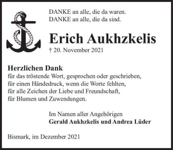 Traueranzeige von Erich Aukhzkelis  von Magdeburger Volksstimme