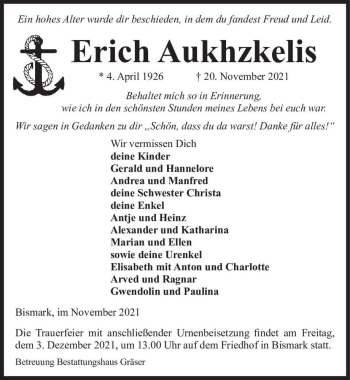 Traueranzeige von Erich Aukhzkelis  von Magdeburger Volksstimme