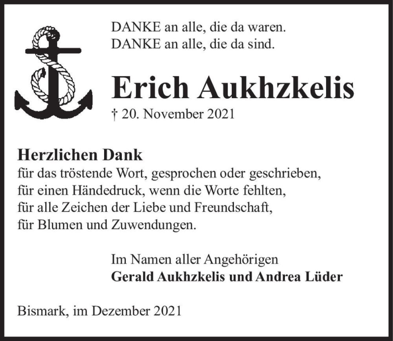  Traueranzeige für Erich Aukhzkelis  vom 10.12.2021 aus Magdeburger Volksstimme