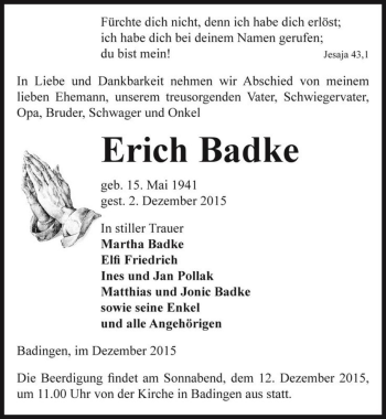 Traueranzeige von Erich Badke  von Magdeburger Volksstimme